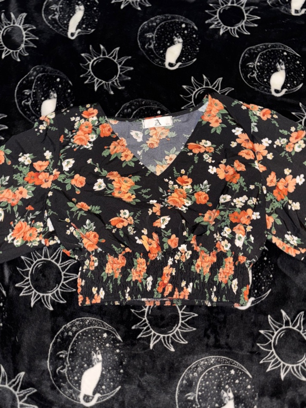 Smocked Floral V-Neck Crop Top - Black with Orange Floral